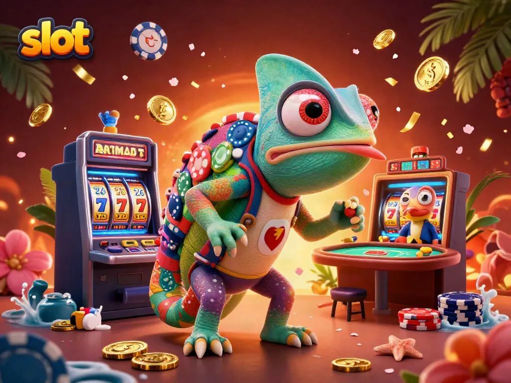 Experience the thrill of slot games with a vibrant chameleon casino owner surrounded by golden coins and festive decorations.