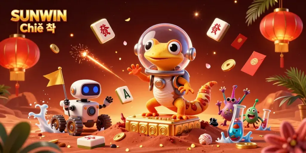 Experience SUNWIN Chính thức with a Martian gecko discovering a golden casino among vibrant gaming elements.