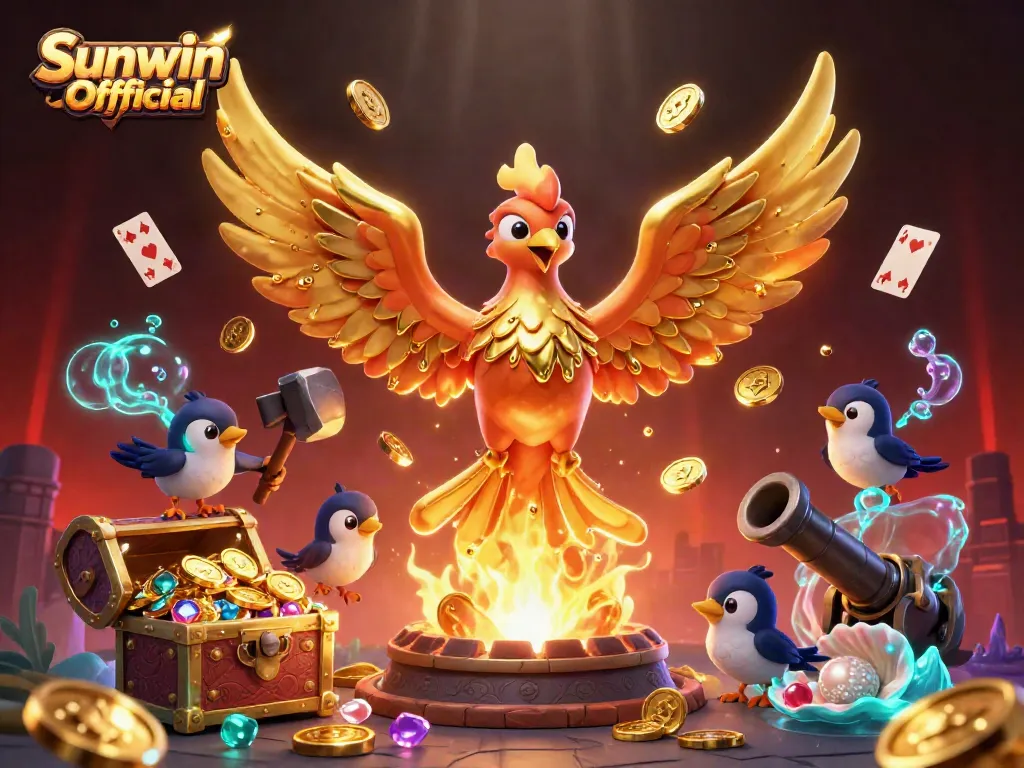 Experience the excitement of Sunwin Official with a vibrant illustration showcasing the golden phoenix and casino elements.