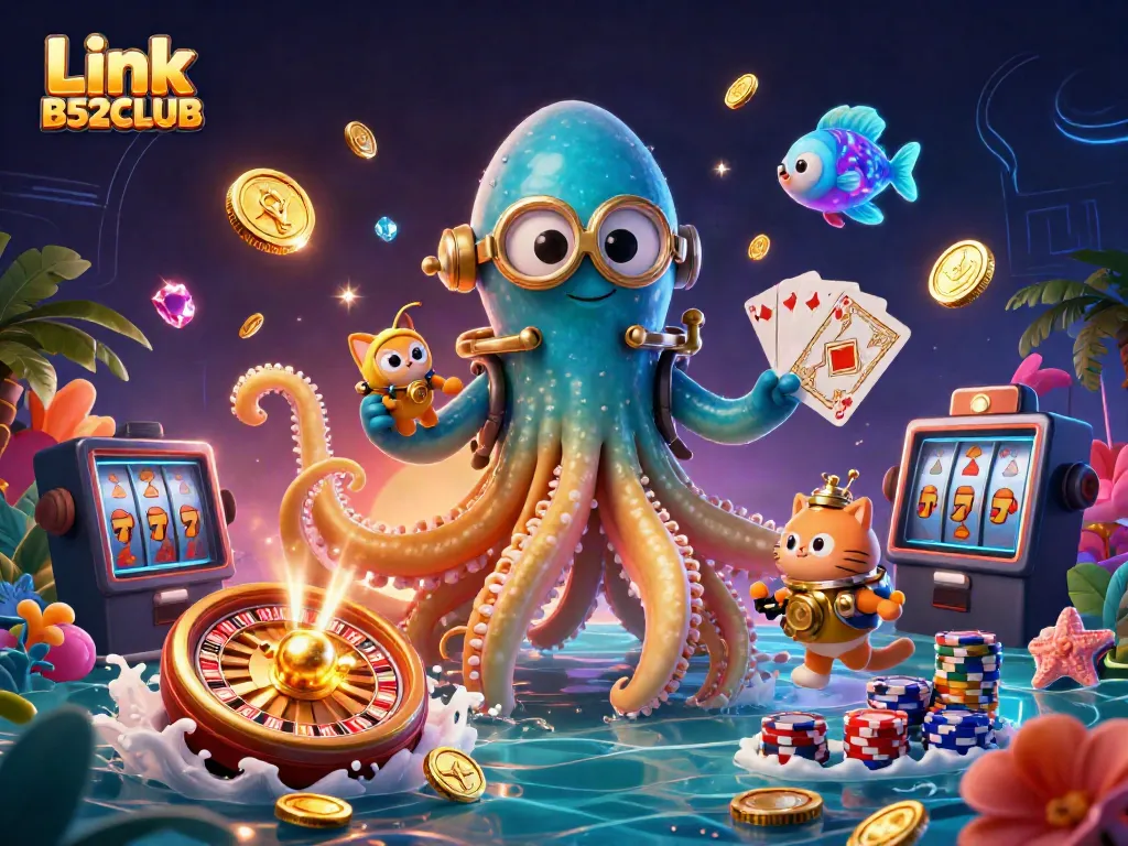 Engage with Link B52CLUB’s dynamic gaming scene featuring a kraken, diving cat, and glittering casino rewards.