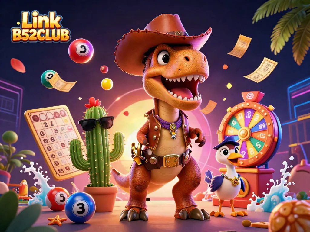 Engage with the dynamic Link B52CLUB casino scene featuring a cartoon dinosaur and playful elements.