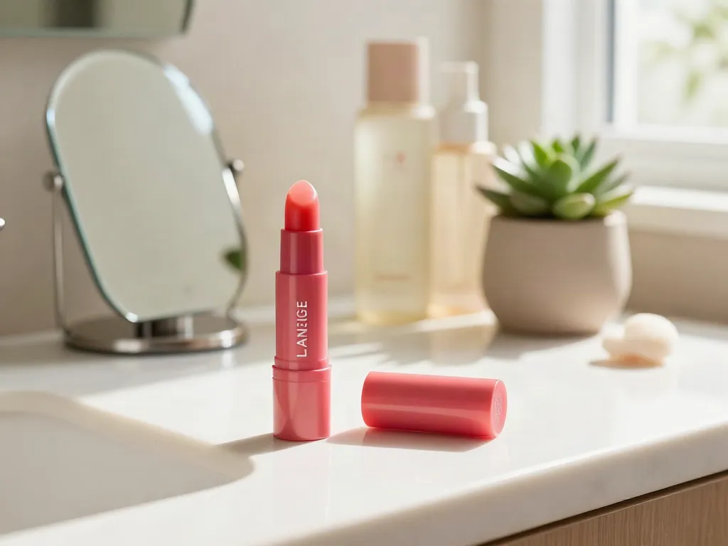 Laneige lip balm op een stijlvolle badkamerplank met natuurlijke lichtinval.