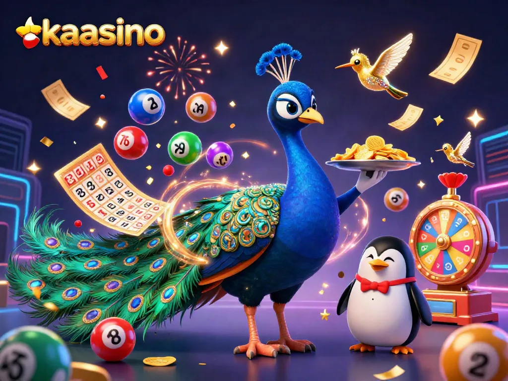 Kaasino offers an exciting gaming atmosphere with a peacock, penguin butler, and colorful lottery elements.