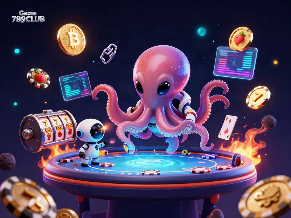Experience Game 789CLUB with a 3D alien octopus at a holographic poker table in a vibrant cosmic setting.