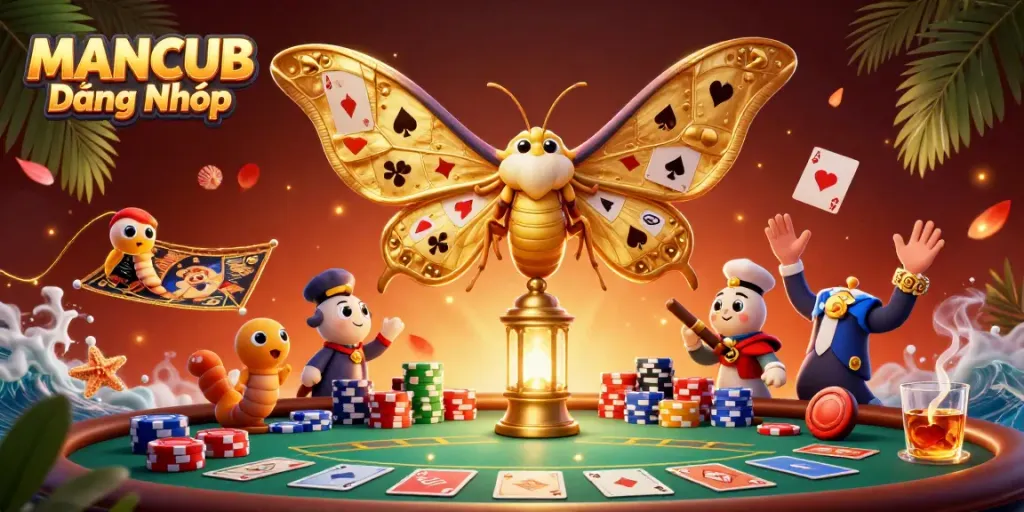 Engage in casino fun with MANCUB Đăng Nhập, showcasing a vibrant 3D casino scene filled with game elements and characters.