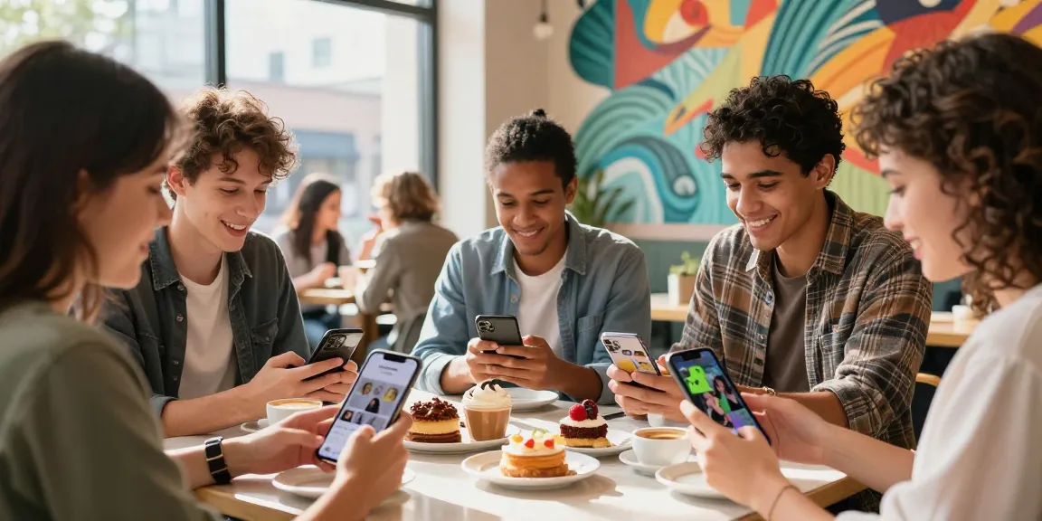 Dynamic café scene showcasing friends using Snap Chat Mega for content creation, lively atmosphere with delicious treats.