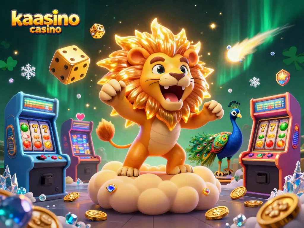 Kaasino casino features a dynamic scene with a roaring sun lion, golden dice, and arcade games, highlighting exciting gaming action.