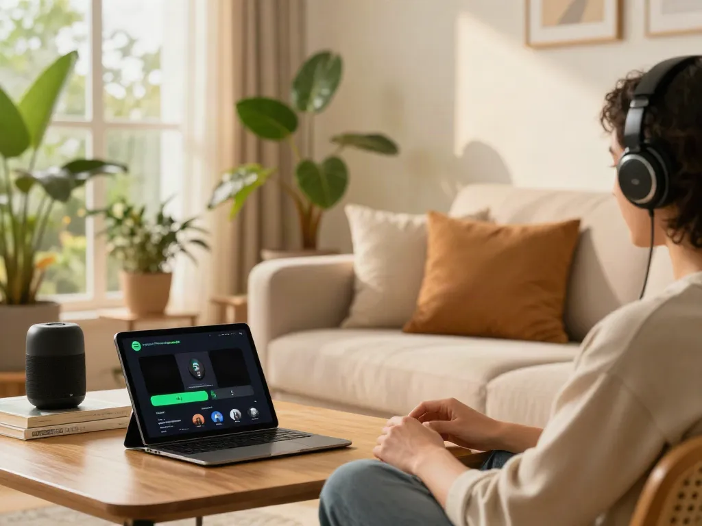 Enjoying music with Spotify Premium features at home, reflecting the convenience of https://spotigeek.com/spotify-premium-apk-download/