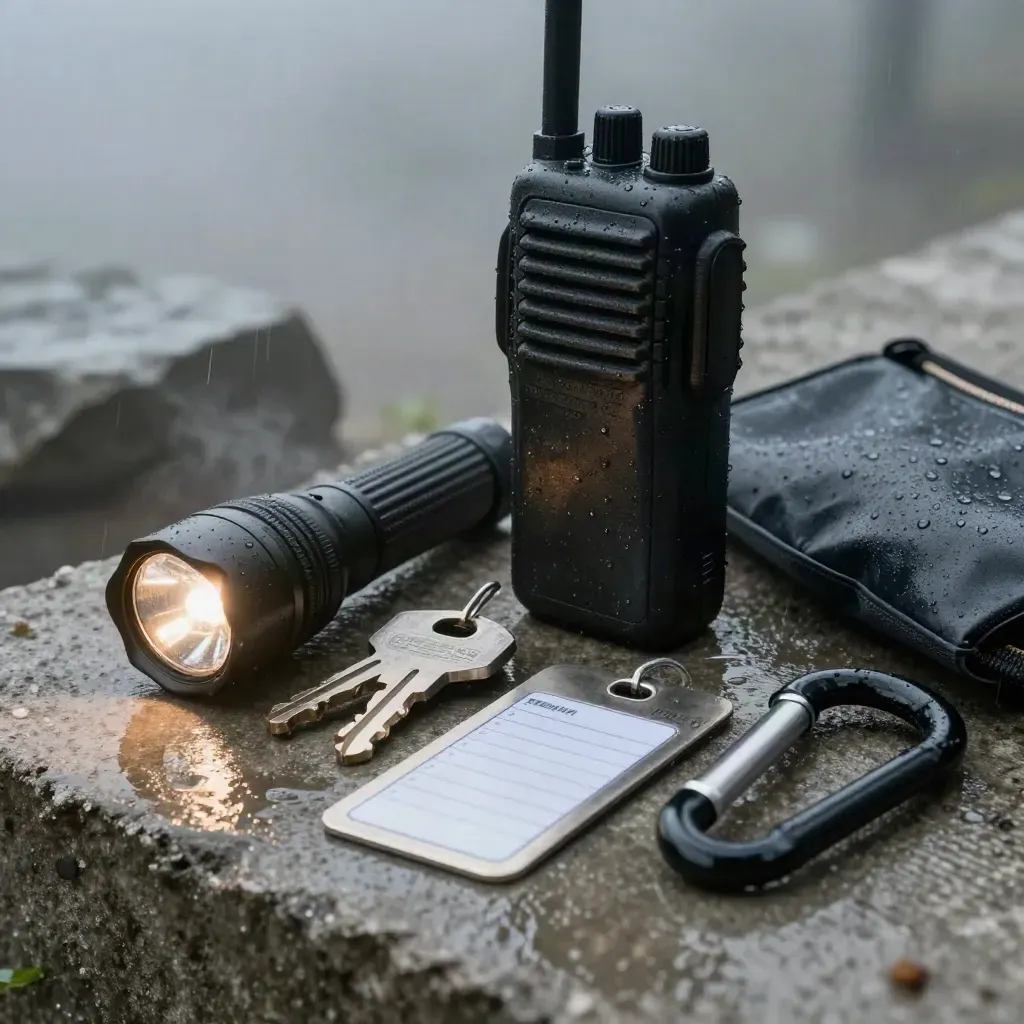 Matte portofoon, zaklamp, sleutels en bewijszak op nat beton in mist na regen