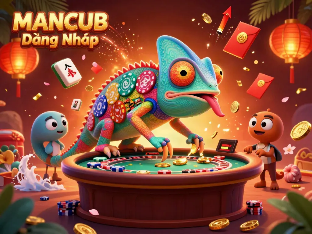 Engage with MANCUB Đăng Nhập in a vibrant casino atmosphere featuring a chameleon owner and dynamic game elements.