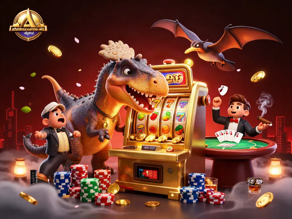 Engaging jackpot scene at ahimajournal-digital featuring a dinosaur and casino fun