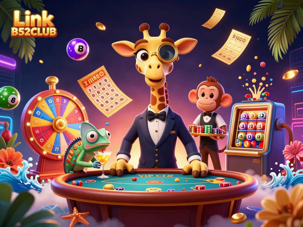 Join the excitement at Link B52CLUB with colorful lottery balls and lively gaming characters.