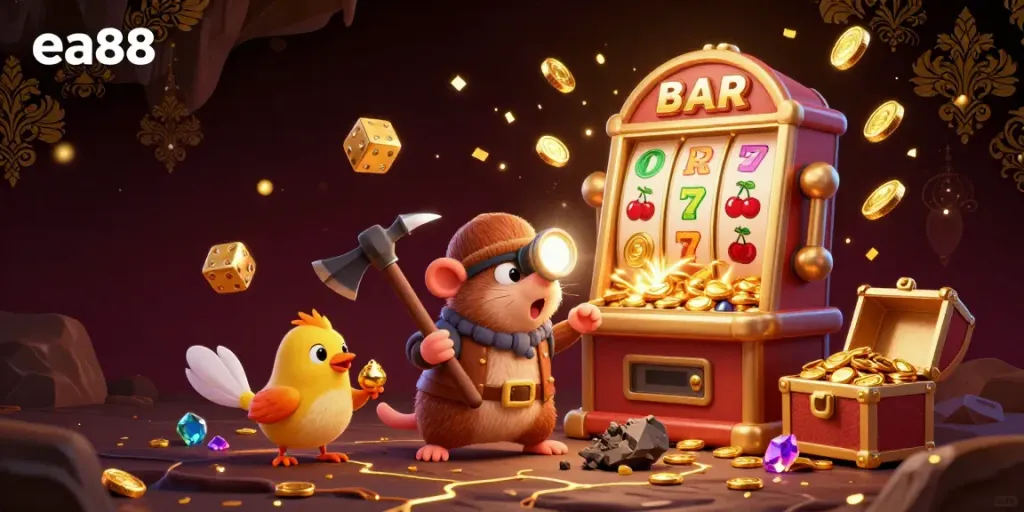 Experience winning jackpots with ea88's vibrant treasure-themed slot scene, featuring dynamic characters and golden rewards.