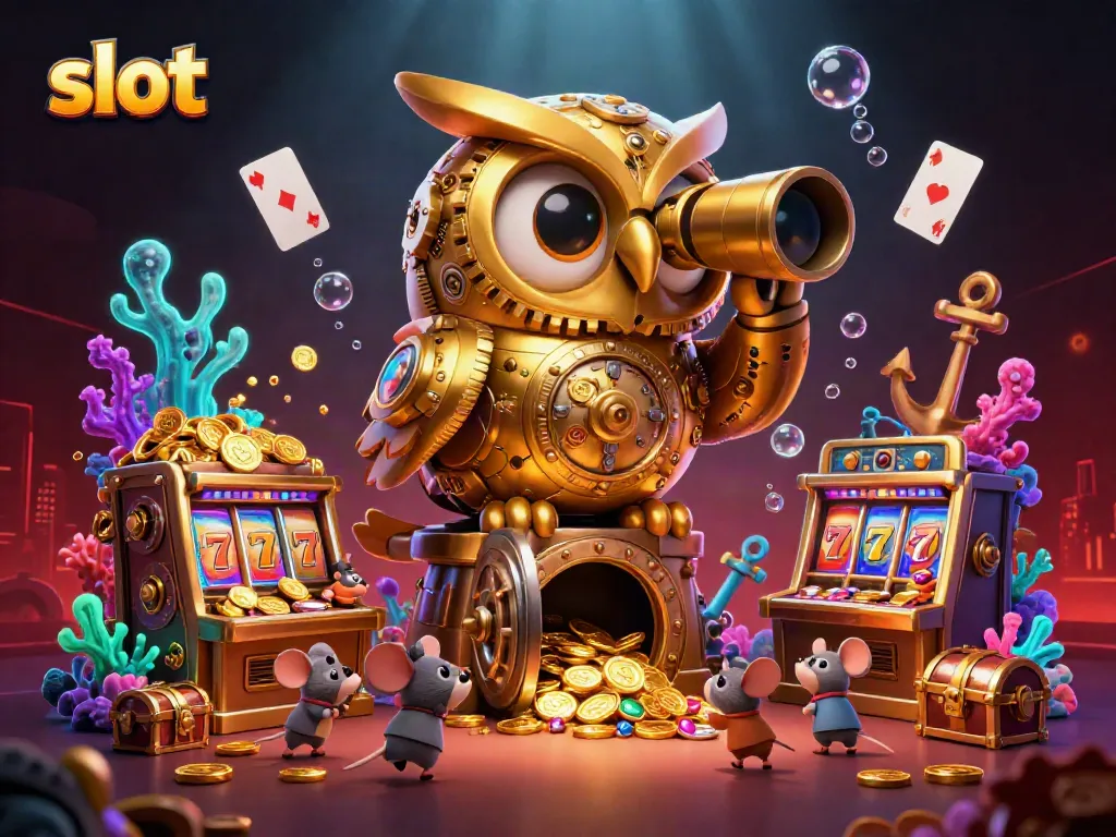 Experience the thrill of slot games with a golden owl overseeing a vibrant casino scene.