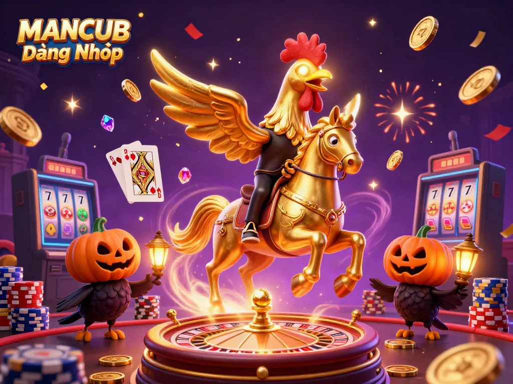 MANCUB Đăng Nhập inviting gamblers to vibrant casino experience with a headless golden rooster and glowing elements.