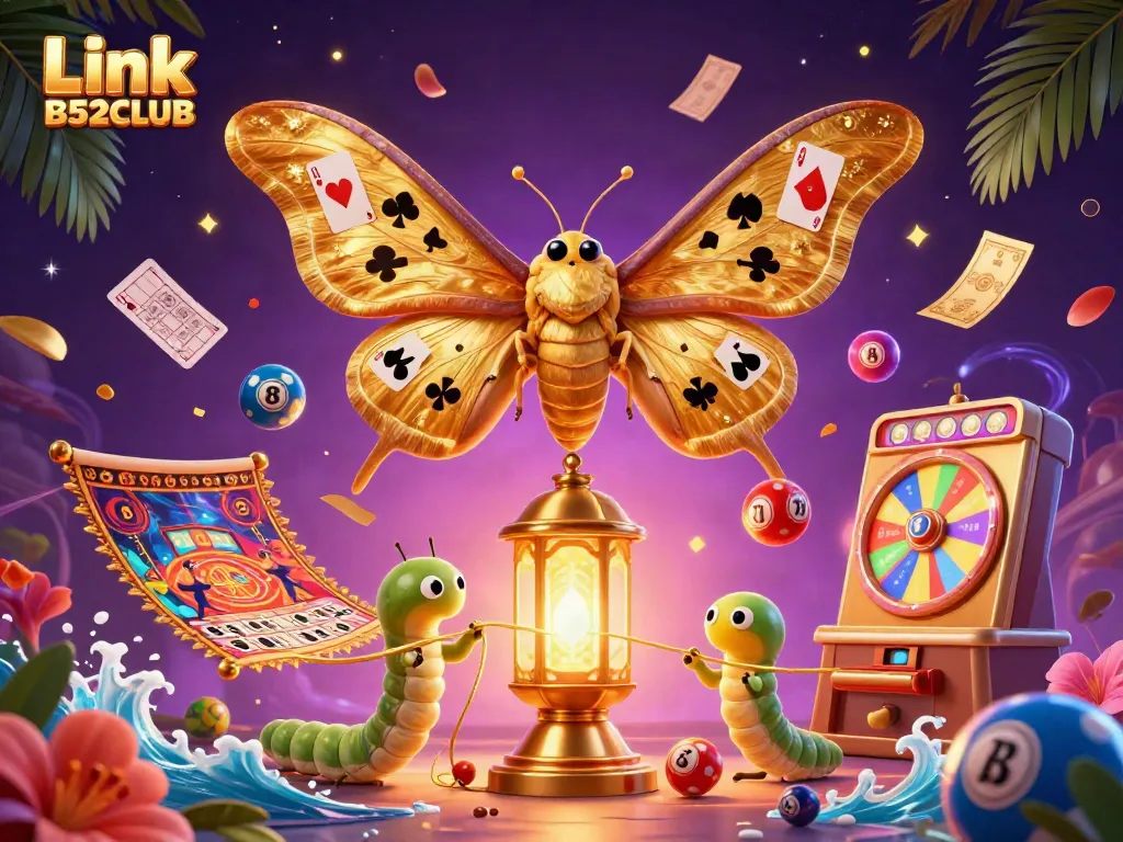 Engage in vibrant casino scenes with the Link B52CLUB-themed artwork featuring lively lottery elements and colorful characters.
