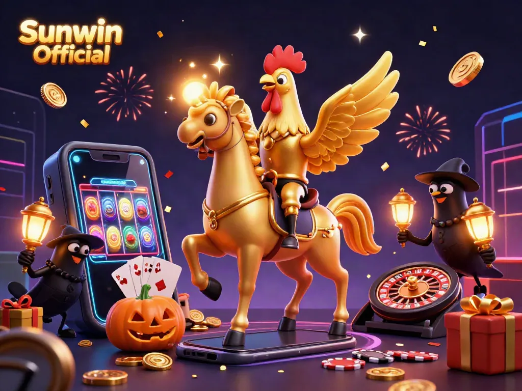Experience the vibrant world of Sunwin Official through a magical casino scene featuring a golden rooster and festive elements.
