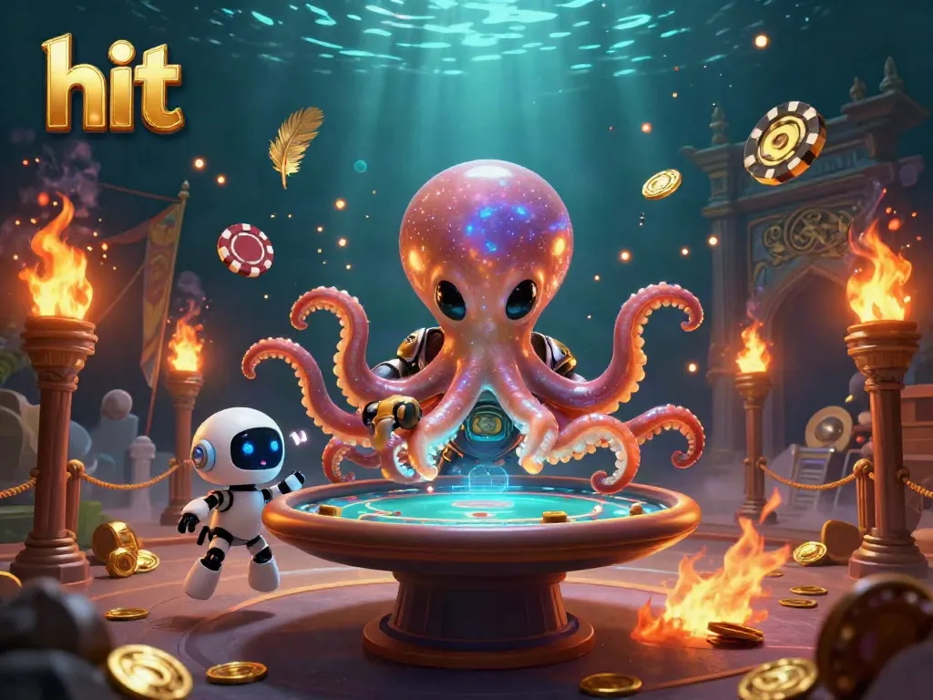 Hit poker table scene with a quirky alien octopus and robot, surrounded by casino-themed elements.