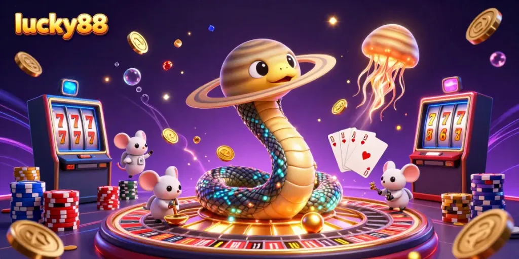Experience the thrilling world of lucky88 with exhilarating cosmic gambling action in a vibrant 3D illustration.