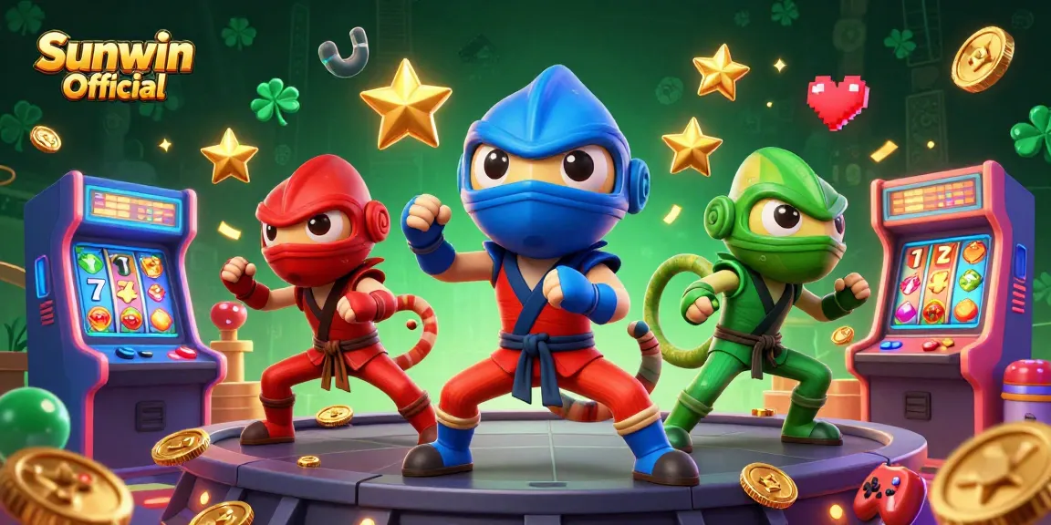 Experience vibrant gaming action with Sunwin Official's ninja chameleons in a 3D casino setting.