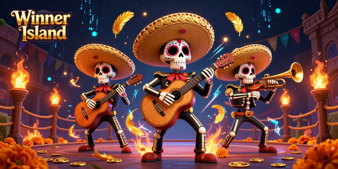 Engage in thrilling gameplay at Winner Island Casino with vibrant mariachis and gambling elements.