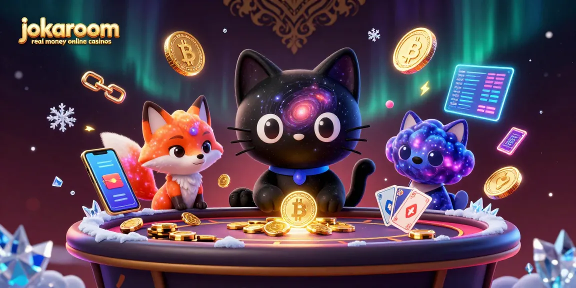 Engage with jokaroom real money online casinos through an exciting cosmic casino adventure featuring a black hole cat and colorful gas fox.