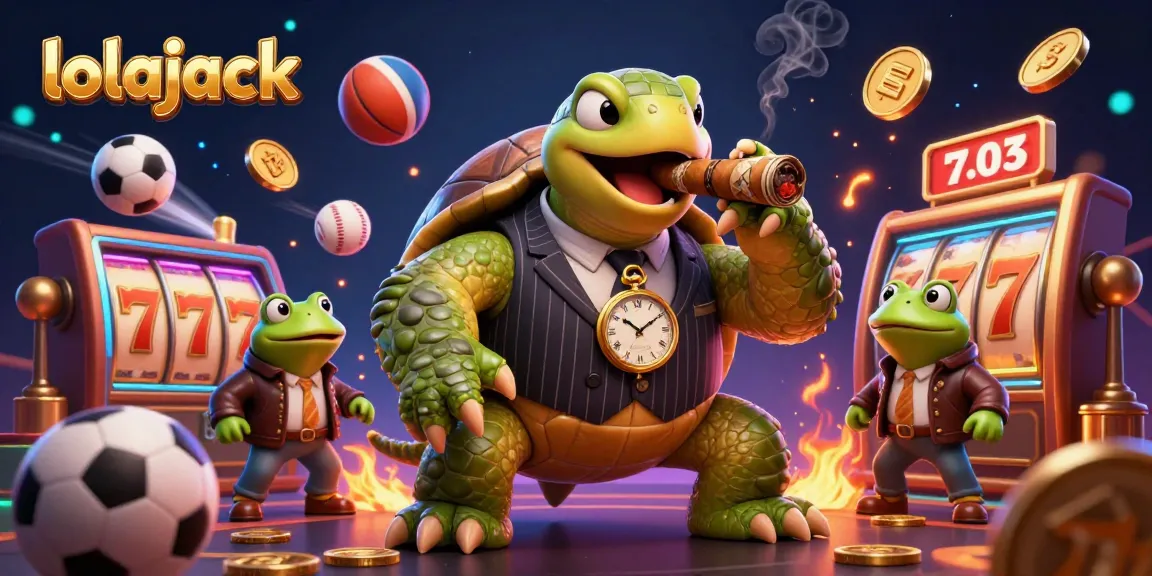 Experience the vibrant gaming world of lolajack with a cartoon turtle in a mobster suit surrounded by dynamic slot reels and casino symbols.