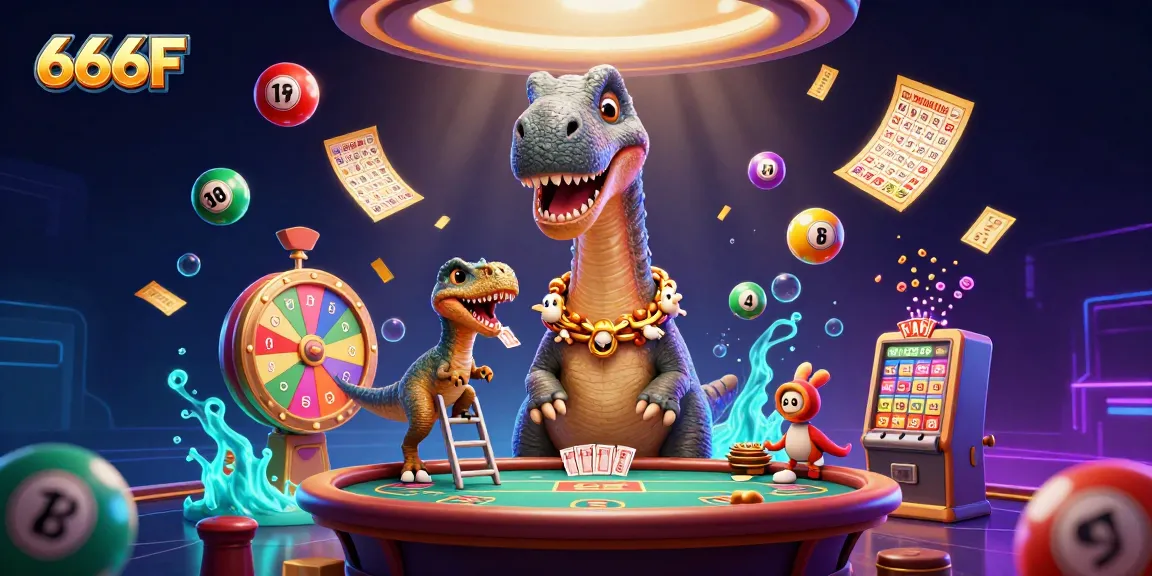 Engage with 666F's vibrant casino realm featuring a whimsical brontosaurus and clever raptor dealer.