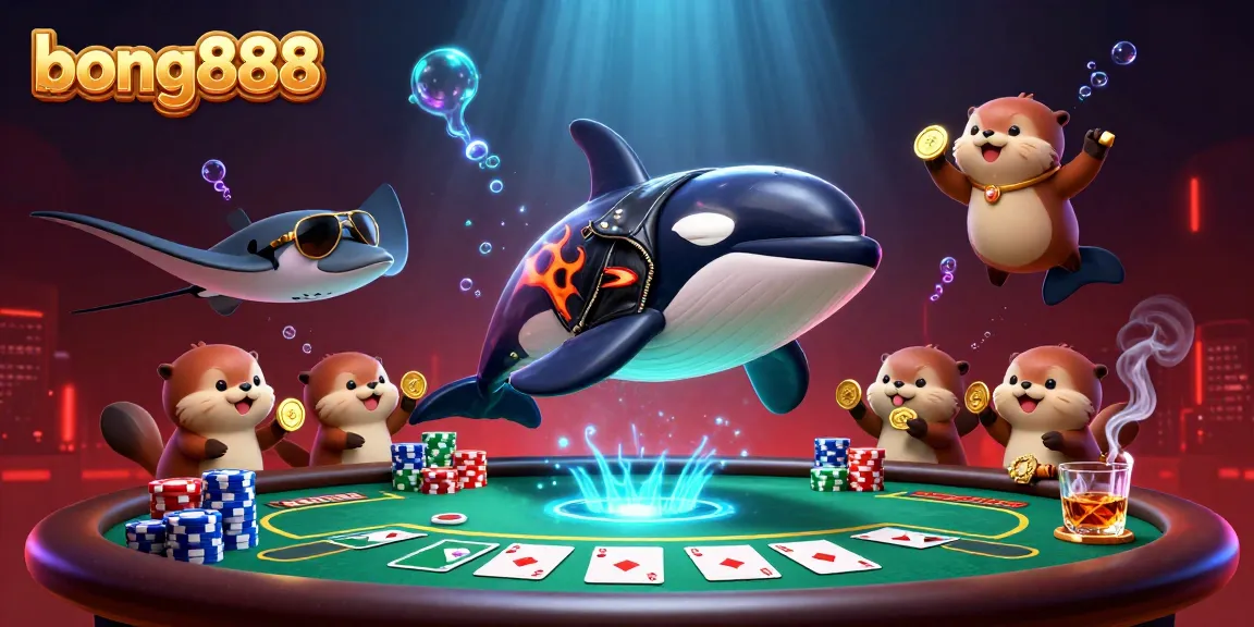 Experience the excitement of bong888 as cartoon orca, stingray, and otters celebrate with poker elements and dazzling visuals.